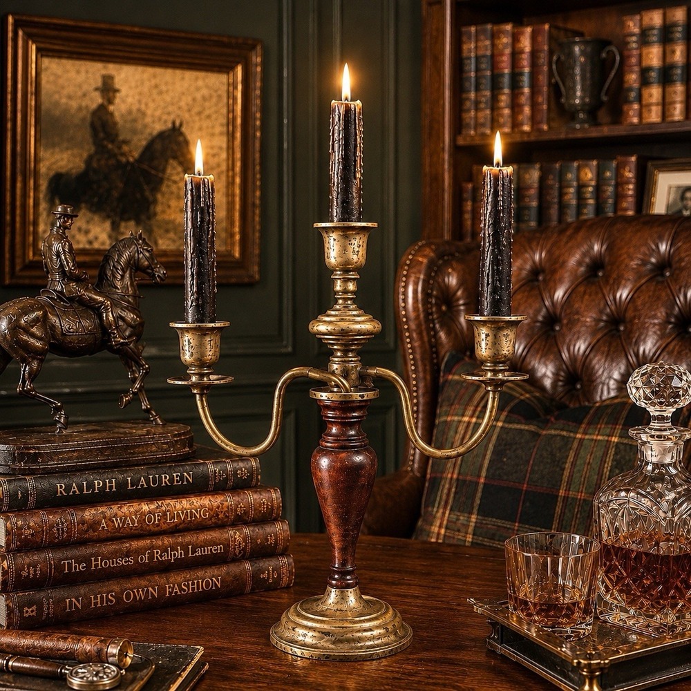 Vintage Brass Mahogany Wood 3 Arm Candelabra Dark Academia English Country